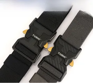 Close-up of nylon tactical belts with quick-release metal buckle and heavy-duty web strap