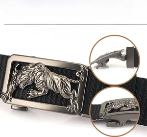 Detail of tiger relief rotating buckle on black woven belt with no-hole adjustment