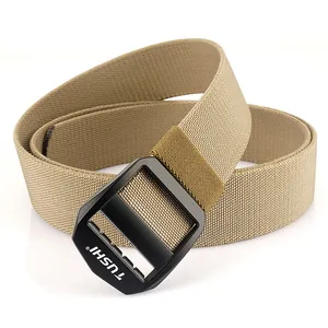 Men's khaki tactical nylon belt with durable woven texture and black matte buckle
