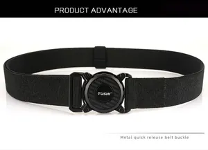 Detailed view of the quick release tactical nylon belt with metal buckle and Tushi logo