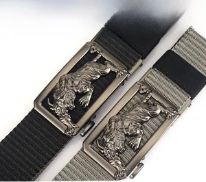 Detailed view of heavy duty nylon belts featuring metal buckles with embossed tiger design