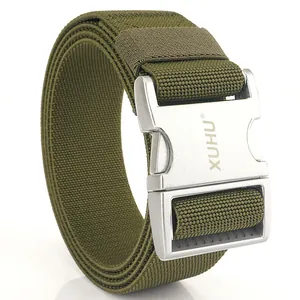 Tactical olive green elastic woven belt with a silver alloy quick-release buckle