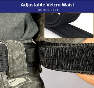 Tactical belt detail showing the hook and loop waist adjustment on camouflage pants