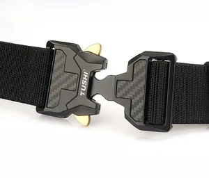 Macro detail of TUSHI zinc alloy tactical buckle with quick release and carbon fiber inlay