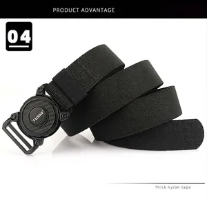 Detail of black heavy-duty nylon tactical belt with quick-release metal buckle and TUSHI logo