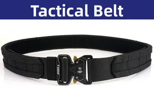 Close-up of tactical outer belt metal buckle with 5KN strength rating and nylon webbing