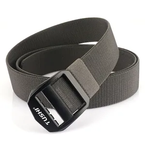 Nylon stretch tactical belt for men with olive green woven strap and matte black buckle