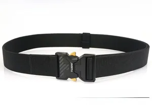 Close-up of tactical nylon belt showing alloy quick-release buckle with golden side buttons