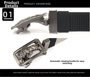 Detail of zinc alloy automatic buckle with tiger relief and rotation function for nylon belts