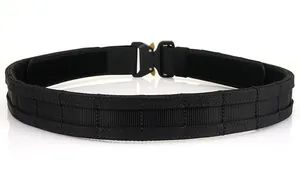 Close-up of heavy-duty nylon tactical belt with metal quick-release buckle and MOLLE webbing