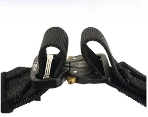 Close-up of tactical belt with metal quick-release buckle and 5KN load capacity