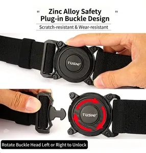Detail of nylon tactical belt showing zinc alloy buckle with rotary unlock mechanism