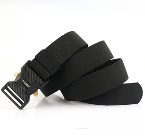 Detail showing the thick polyester elastic strap and quick-release tactical belt buckle