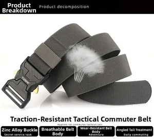 Breathable nylon tactical belt with zinc alloy quick release buckle and gray woven strap