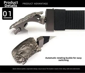 Détail de la boucle de ceinture en alliage de zinc avec relief d'aigle et rotation rapide