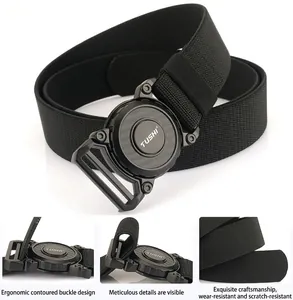 Detail of ergonomic tactical nylon belt with quick release buckle and carbon fiber texture