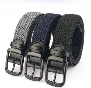 Three-color nylon braided belts in black, grey, and navy with matte metal pin buckle