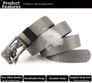 Detail of grey nylon belt showing silver tiger head buckle with mirror reflections