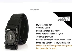 Detail view of black nylon tactical belt with zinc alloy quick release buckle dimensions
