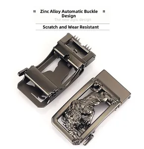 Detail of zinc alloy automatic buckle featuring tiger relief and scratch-resistant surface