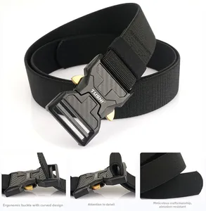 Detail of black nylon tactical belt featuring carbon fiber pattern buckle and quick release
