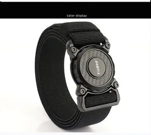 Detail view of tactical nylon belt featuring carbon fiber texture quick-release buckle