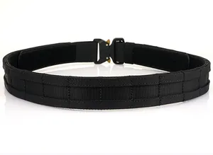 Detail of tactical belt metal quick-release buckle and reinforced nylon webbing structure