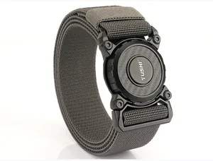 Detail of quick-release carbon fiber pattern tactical buckle with TUSHI logo on nylon belt