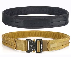 Detail of heavy-duty tactical belts with metal quick-release buckle and MOLLE webbing system