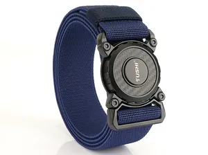 Close-up of tactical nylon belt with carbon fiber texture buckle and TUSHI logo