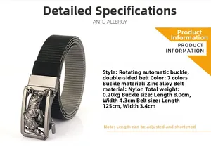 Zinc alloy tiger head buckle details on 3.4cm wide thick nylon belt with 125cm length