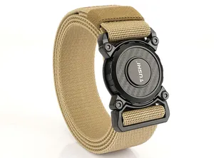 Detailed macro view of khaki nylon tactical belt featuring black TUSHI quick-release buckle