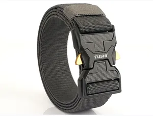 Close-up of quick-release tactical belt buckle with carbon fiber texture and nylon webbing