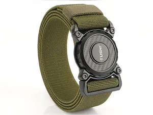 Close-up of tactical nylon belt with round quick-release buckle and carbon fiber texture