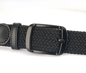 Close-up of black elastic woven belt with a matte black zinc alloy buckle detail