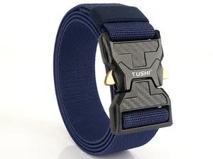 Close-up of tactical nylon belt with carbon fiber texture buckle and TUSHI logo
