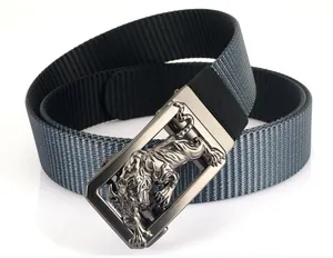 Close-up of 3D tiger relief buckle and textured dual-tone thick nylon tactical belt