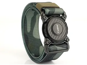 Detailed macro view of camo nylon tactical belt with carbon fiber quick-release buckle