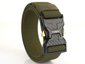 Detail of army green nylon tactical belt with carbon fiber texture buckle and gold release levers