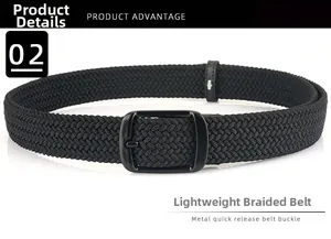 Macro view of black silk braided texture and polished metal buckle of men's stretch belt