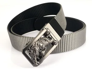 Detail of tiger relief buckle and dual-color nylon woven strap for casual men belts