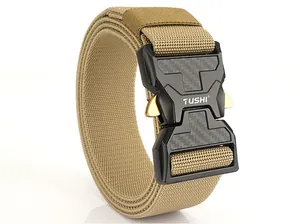 Detail of nylon tactical belt buckle with carbon fiber texture and quick release mechanism