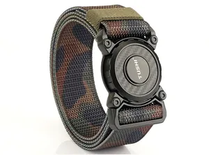 Close-up of tactical nylon belt with camouflage pattern and carbon fiber buckle detail