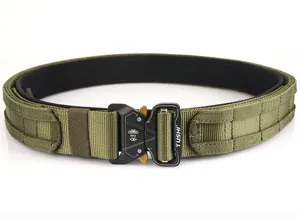 Macro detail of military green tactical belt with black 5KN quick-release metal buckle