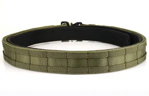 Detail of army green tactical belt with MOLLE webbing and durable quick release metal buckle