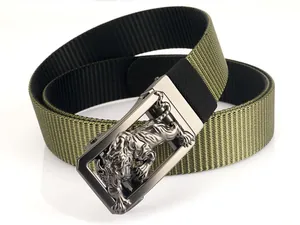 Detail of army green nylon belt featuring a textured tiger head metal automatic buckle