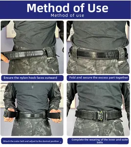Detailed four-step guide for wearing the tactical nylon belt with quick-release buckle