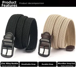 Detail of woven elastic belts in black and khaki with zinc alloy pin buckles