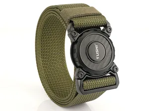 Detail view of military green nylon tactical belt with quick-release metal buckle