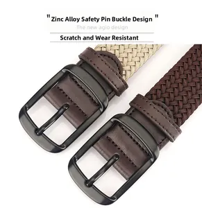 Detail of matte black zinc alloy pin buckle and durable braided belt texture in two colors